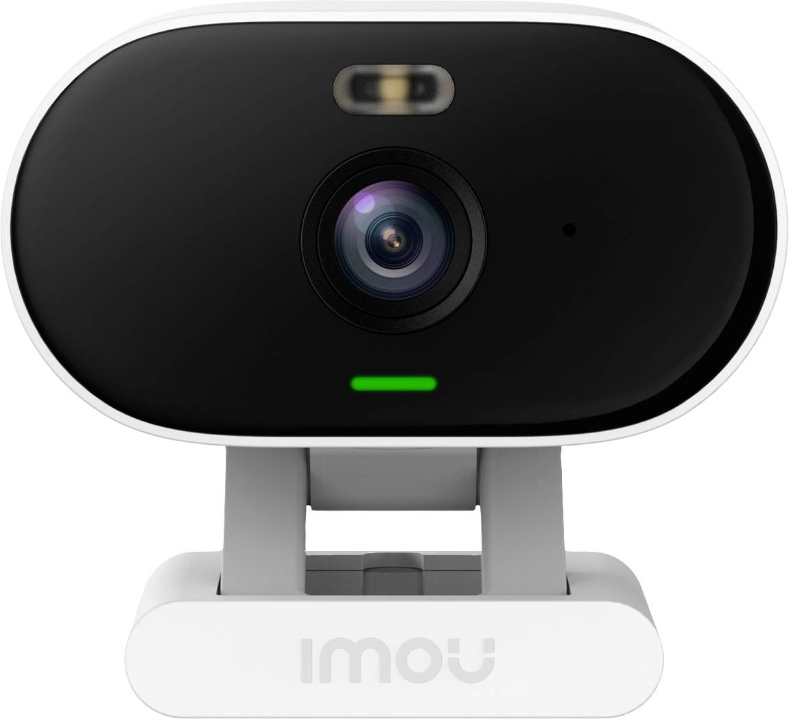 A small, black webcam with a white casing. The lens is positioned centrally, with a green light beneath it.