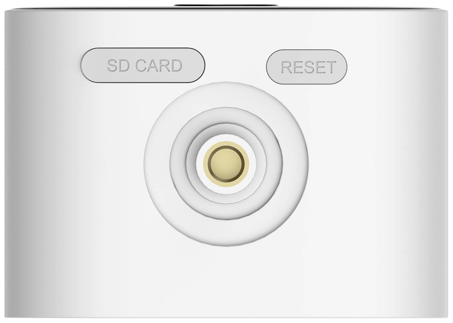 White camera back with two buttons: 'SD CARD' and 'RESET'. In the centre sits a round, golden lens.