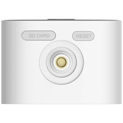 White camera back with two buttons: 'SD CARD' and 'RESET'. In the centre sits a round, golden lens.
