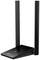 Black Wi-Fi router with two upright aerials, diagonal front view.