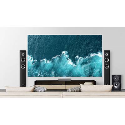 A modern living room with a large television displaying an ocean image. Two speakers are positioned on the left and right.