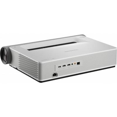 A white short-throw projector with multiple ports, including HDMI and USB, visible from the side.