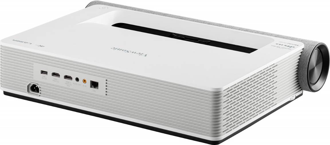 A white, rectangular projector with multiple connection options on the side, including HDMI and USB ports.
