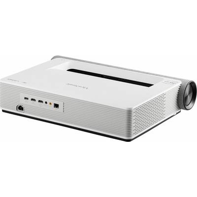 A white, rectangular projector with multiple connection options on the side, including HDMI and USB ports.