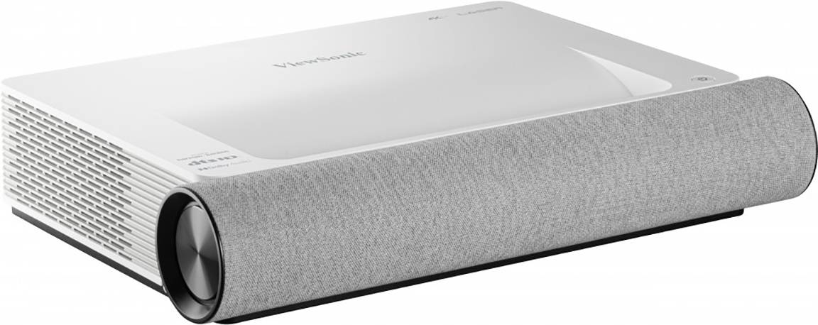 A white, rectangular projector with a grey fabric element on the front. Demonstrates an elegant, modern design.