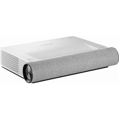 A white, rectangular projector with a grey fabric element on the front. Demonstrates an elegant, modern design.
