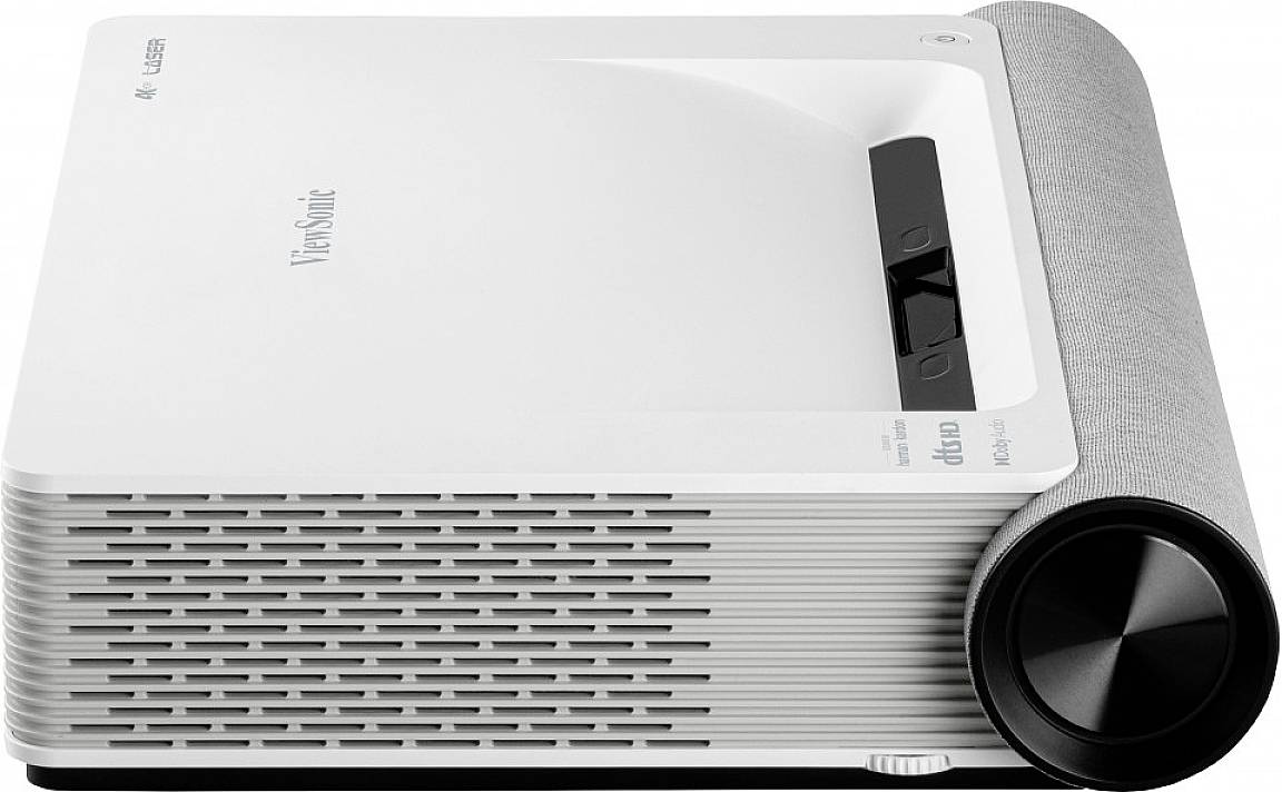 A white short-throw projector with a grey casing and black control panel.