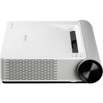 A white short-throw projector with a grey casing and black control panel.
