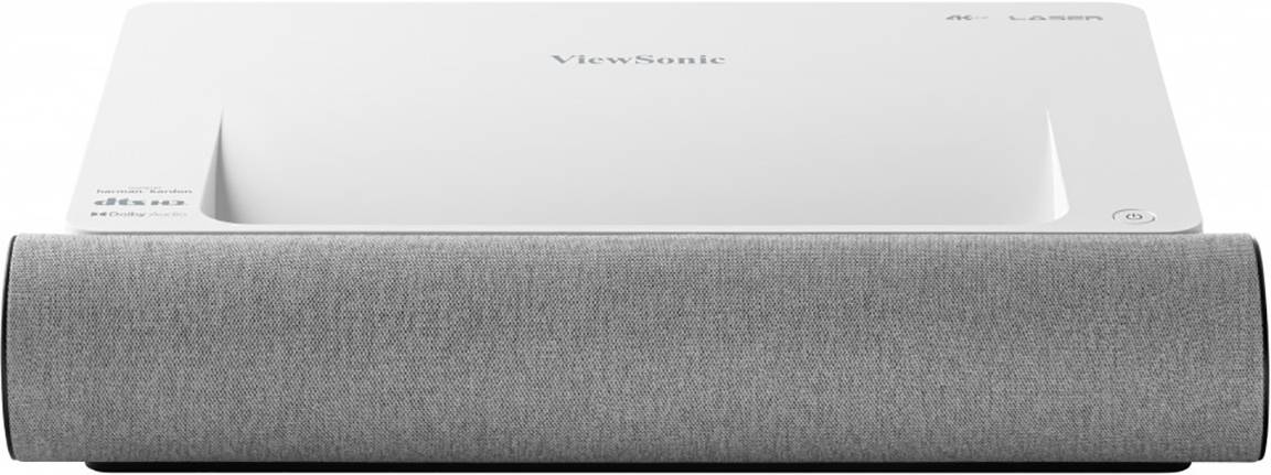 A white and grey ViewSonic projector with laser projection technology, suitable for home cinema and presentation purposes.