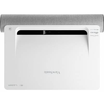 'ViewSonic projector from above, white housing with grey fabric detail. 4K laser technology and DLP display. Product name visible.'