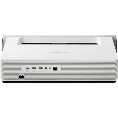 Projector rear panel with connections: power, USB, HDMI, audio, LAN. Top surface featuring ViewSonic logo. Device against white background.