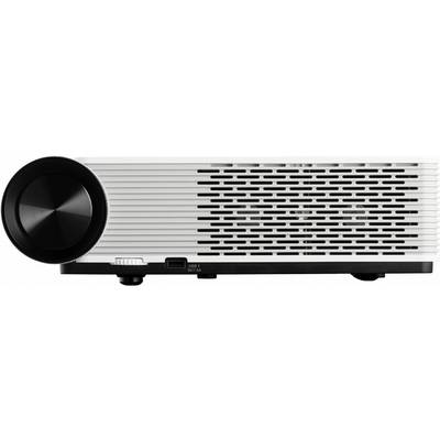 A side-facing projector in white and black with ventilation slots and a large adjustment dial at the front.