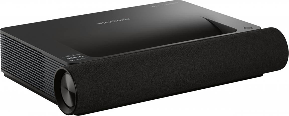 A black projector with a rectangular design and rounded edges. The front is fitted with a speaker grille.