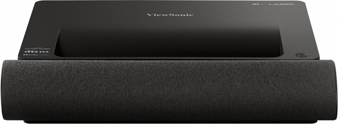 Ultra-short throw projector in black casing with brand logo on top; suitable for home cinema applications.