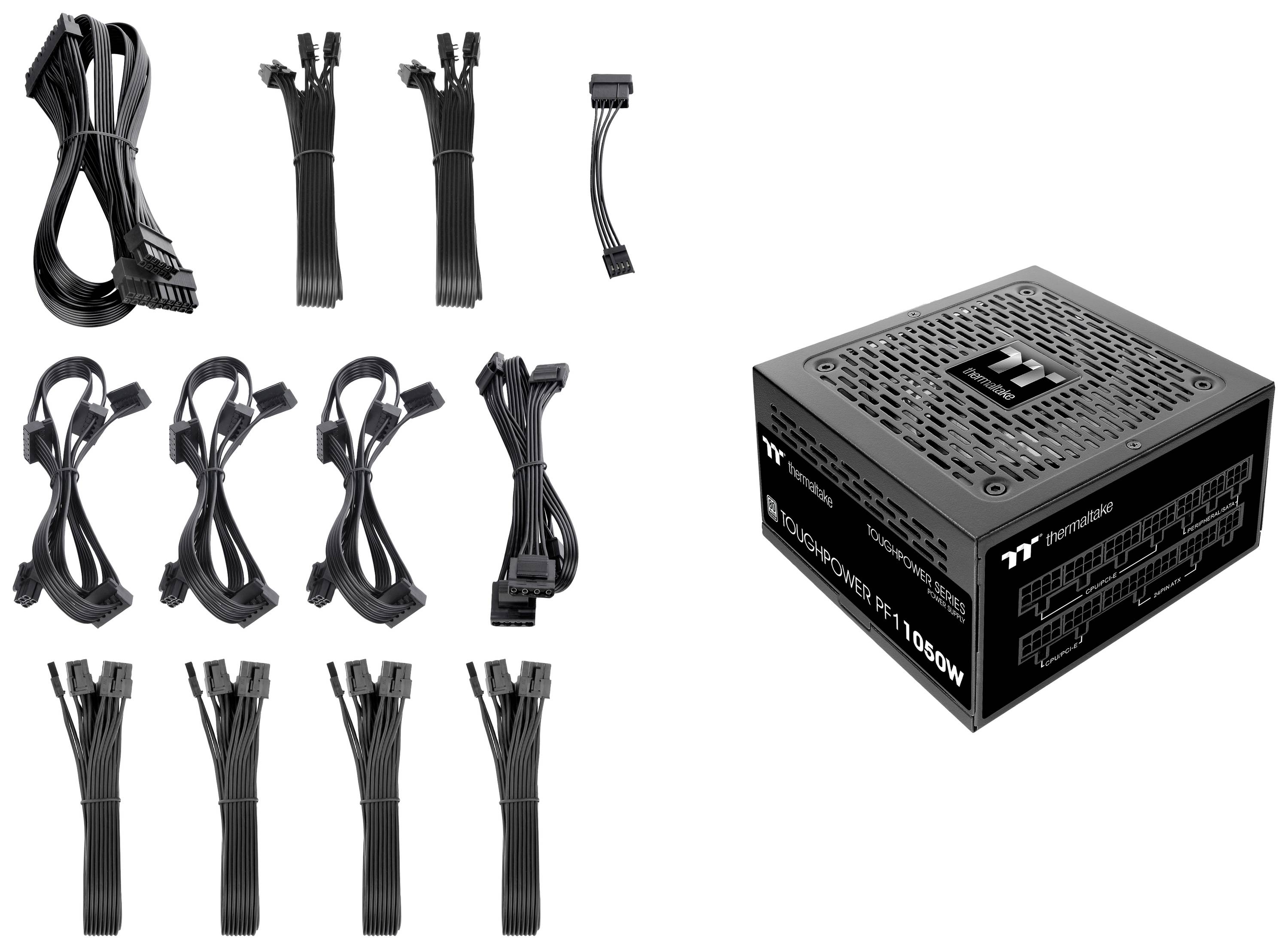 'Power supply with accessories for computers. Includes multiple cables and a main adapter. Suitable for high-performance systems.'