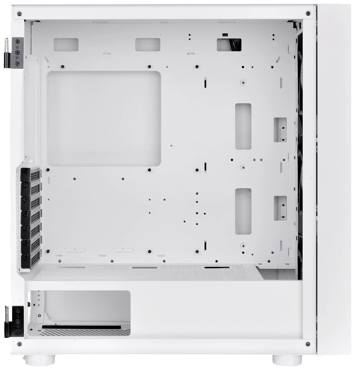 White computer case, open, without components. Visible slots and mounting points for motherboard and connections.