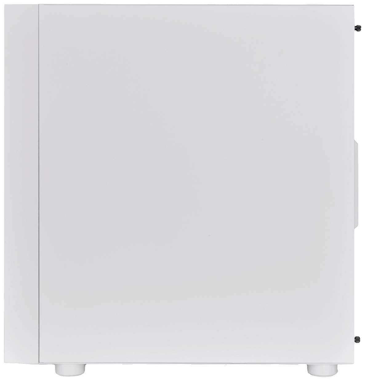 A white, rectangular computer case with smooth surfaces. It sits on a flat surface and is closed.
