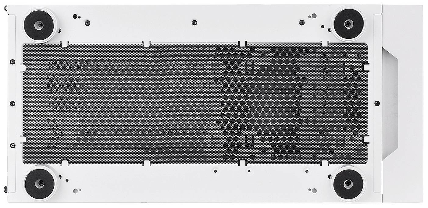 Metal mesh grating at the underside of a white computer casing with round rubber feet at the corners.