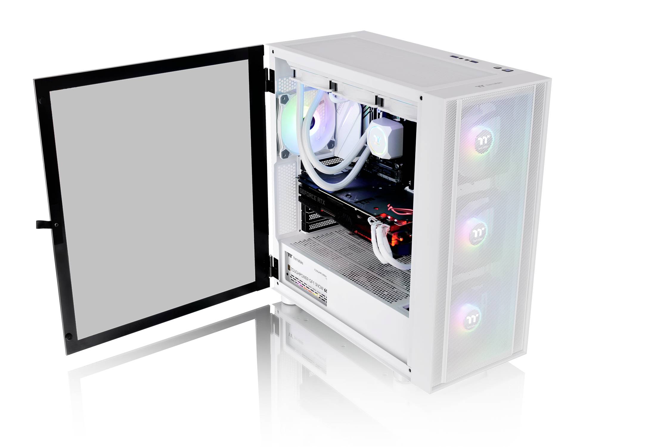 An open white computer tower reveals the internal hardware with illuminated fans and cables.