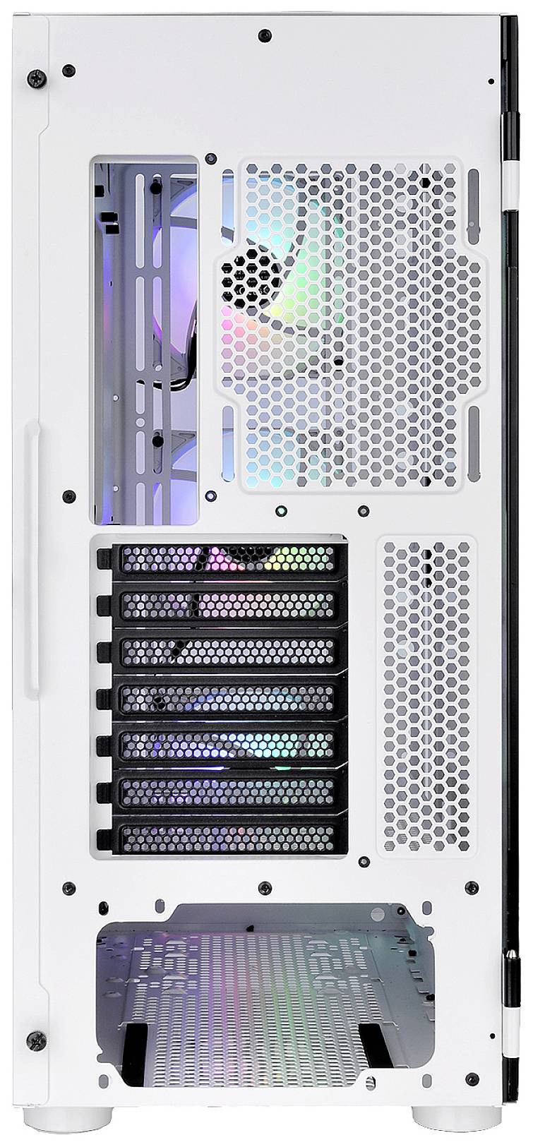 Back of a white PC case with multiple ventilation slots and RGB lighting inside, showing expansion slots and power supply area.