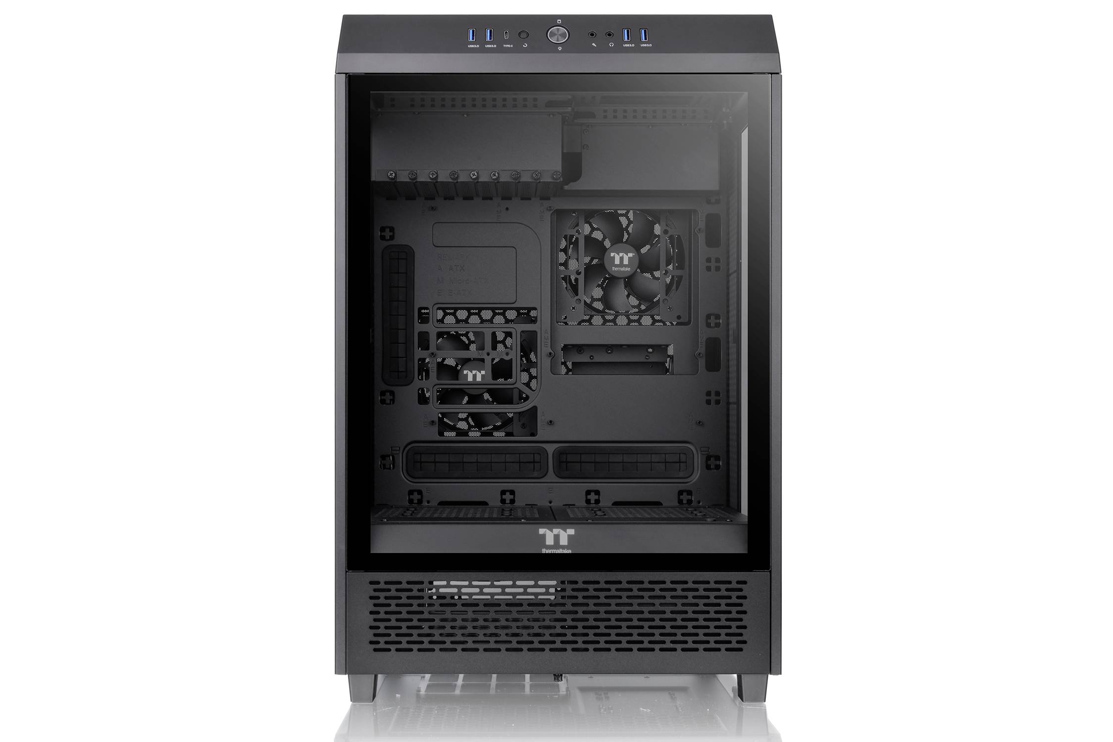Black computer case with a transparent front panel, open to reveal internal mounting points and ventilation slots.