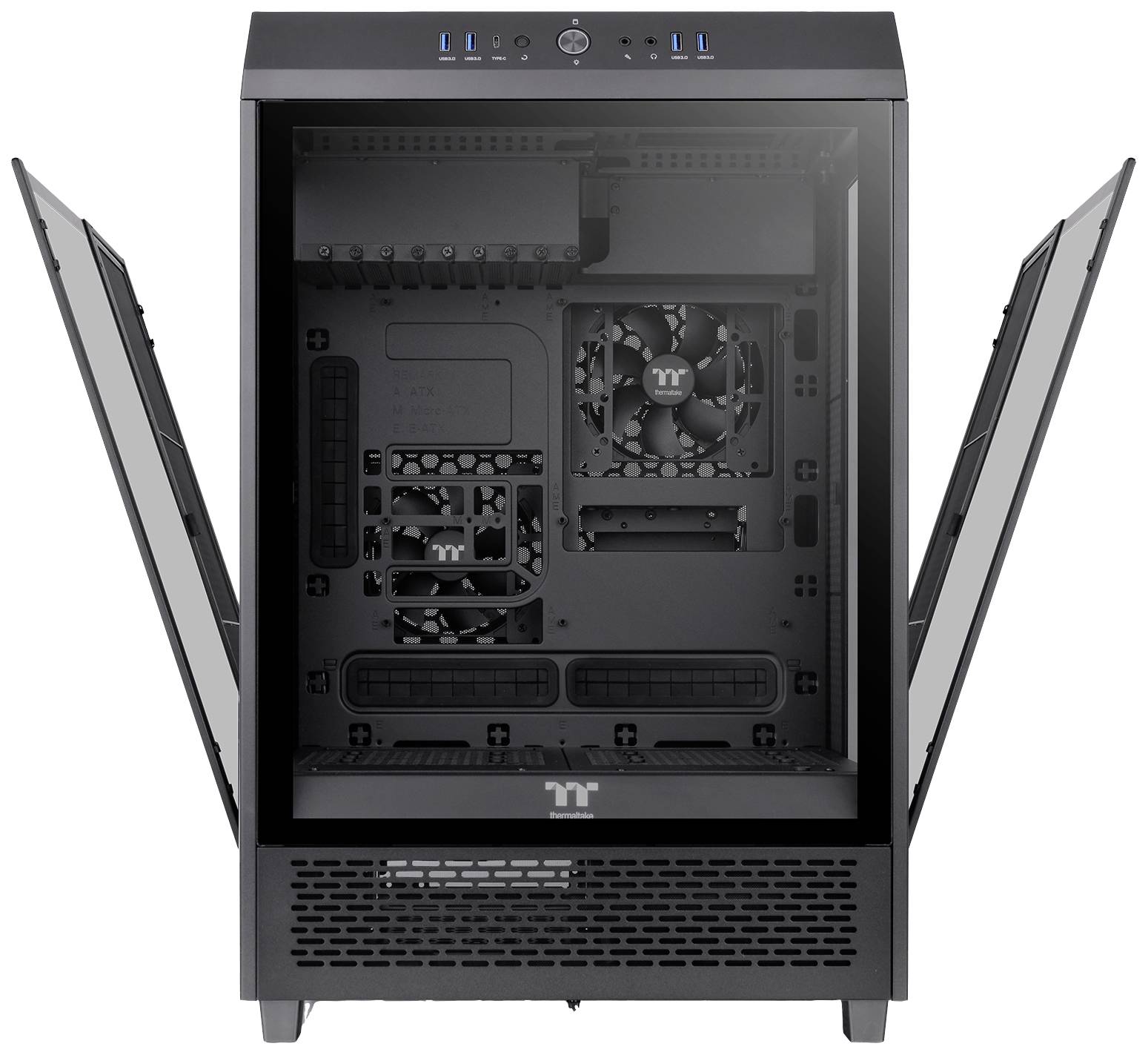 A computer case with transparent side panels and fans is visible. It provides space for components and cooling.