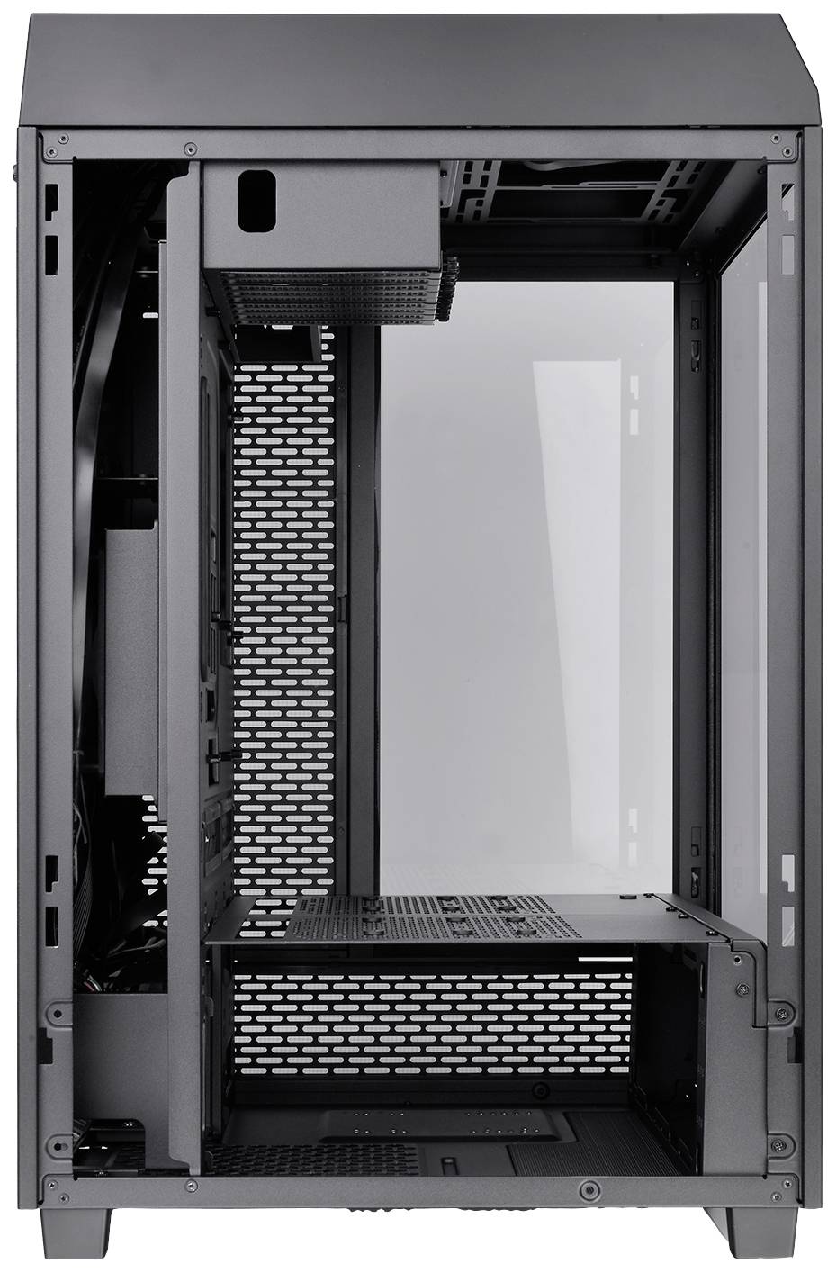 Black PC case, opened. Shows internal layout with spaces for hardware components and ventilation grilles.