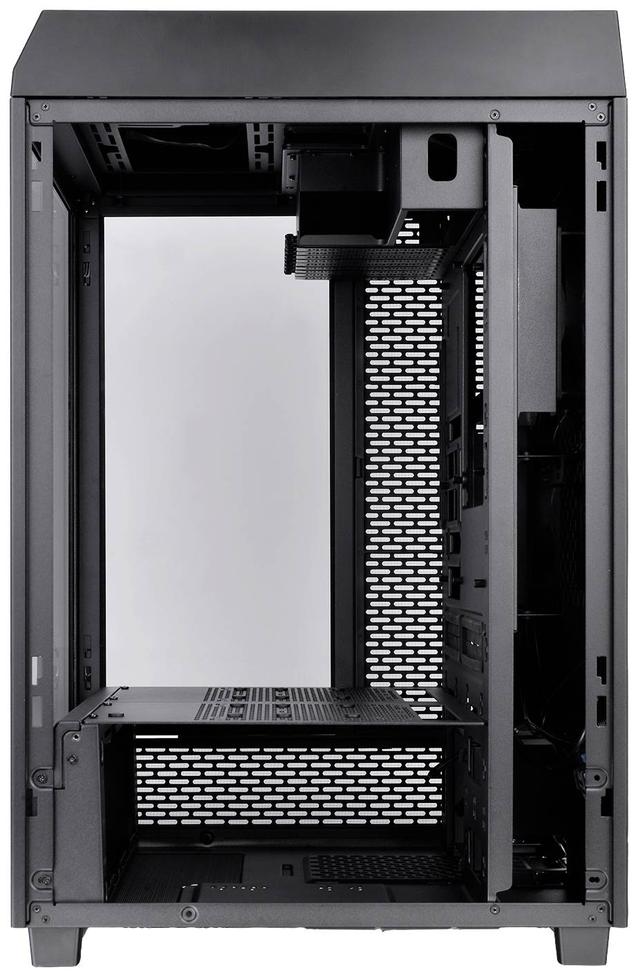 Black metal computer case, front view, showing open interior with space for motherboard, drives, and fans.