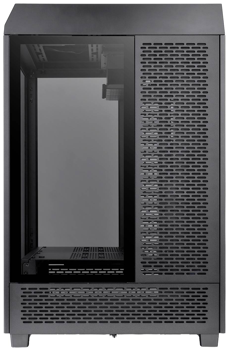 Black computer case with a glass front panel, ventilation slots on the right side, revealing the empty interior.