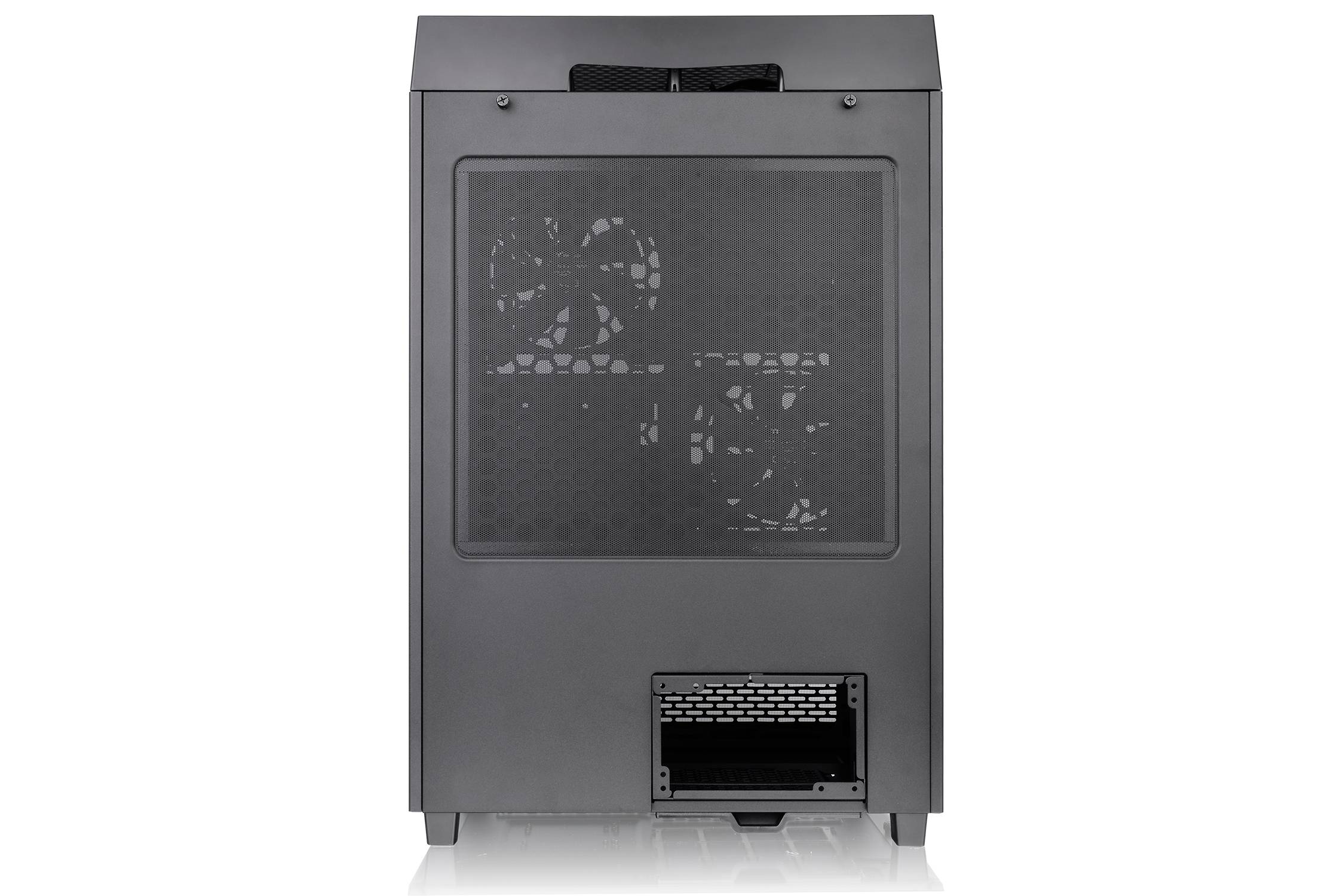 A black computer case with a transparent side panel revealing internal fans. The rear side features an open cutout.