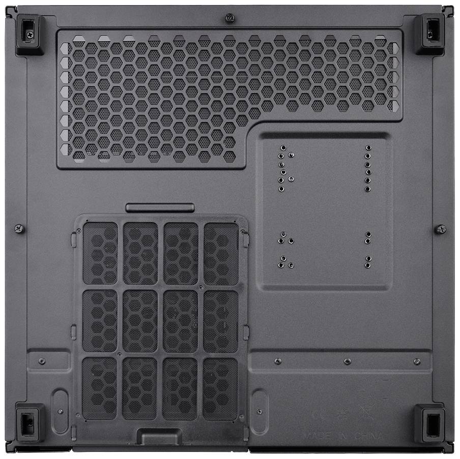The underside of a computer case with ventilation grilles and screw holes, ready for the installation of hardware components.