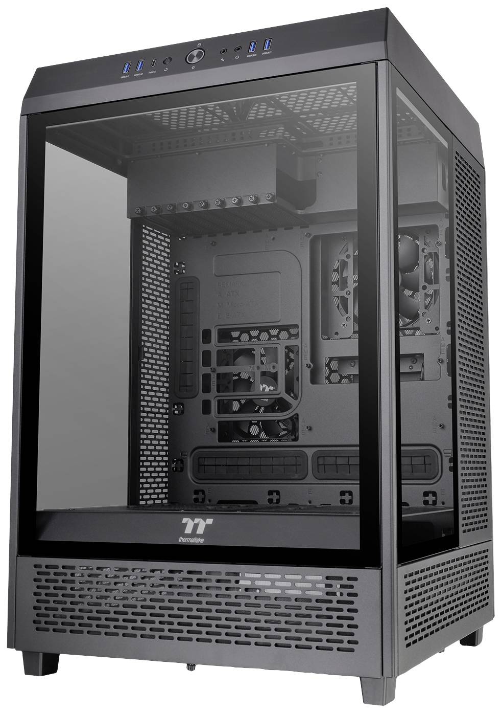 A black, portrait-oriented computer case with a glass front panel, revealing the interior with space for components and fans.