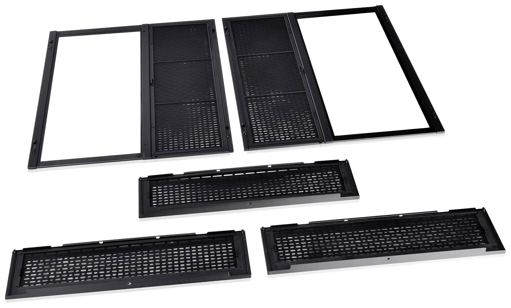 Five black ventilation grilles, rectangular, arranged side by side in varying sizes against a white background.
