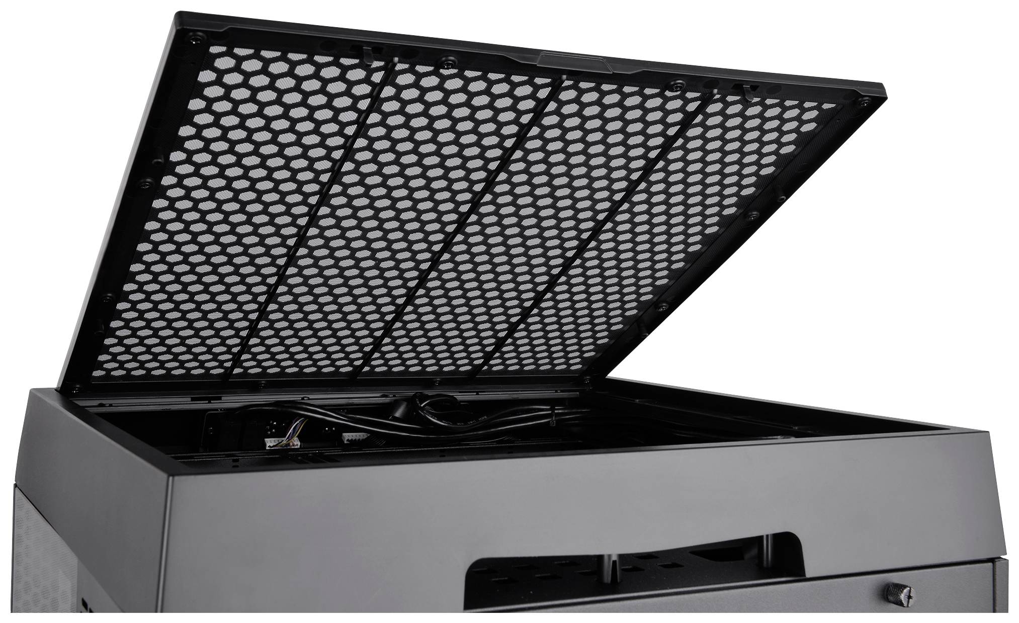 'Opened printer lid reveals internal cables.'