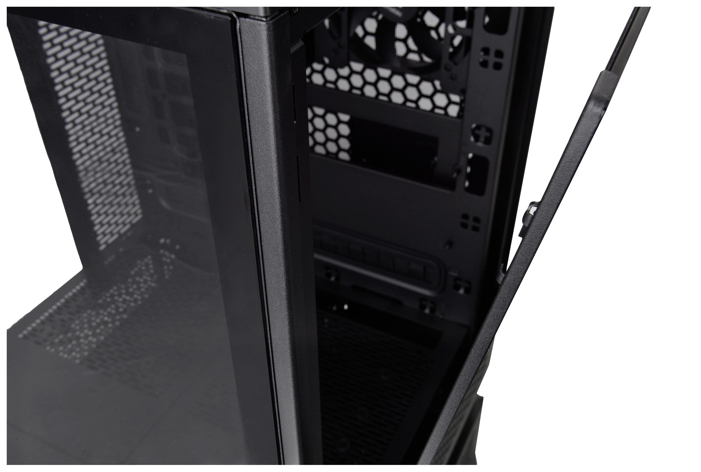 Opened black computer case with visible mesh structure and space for internal components.