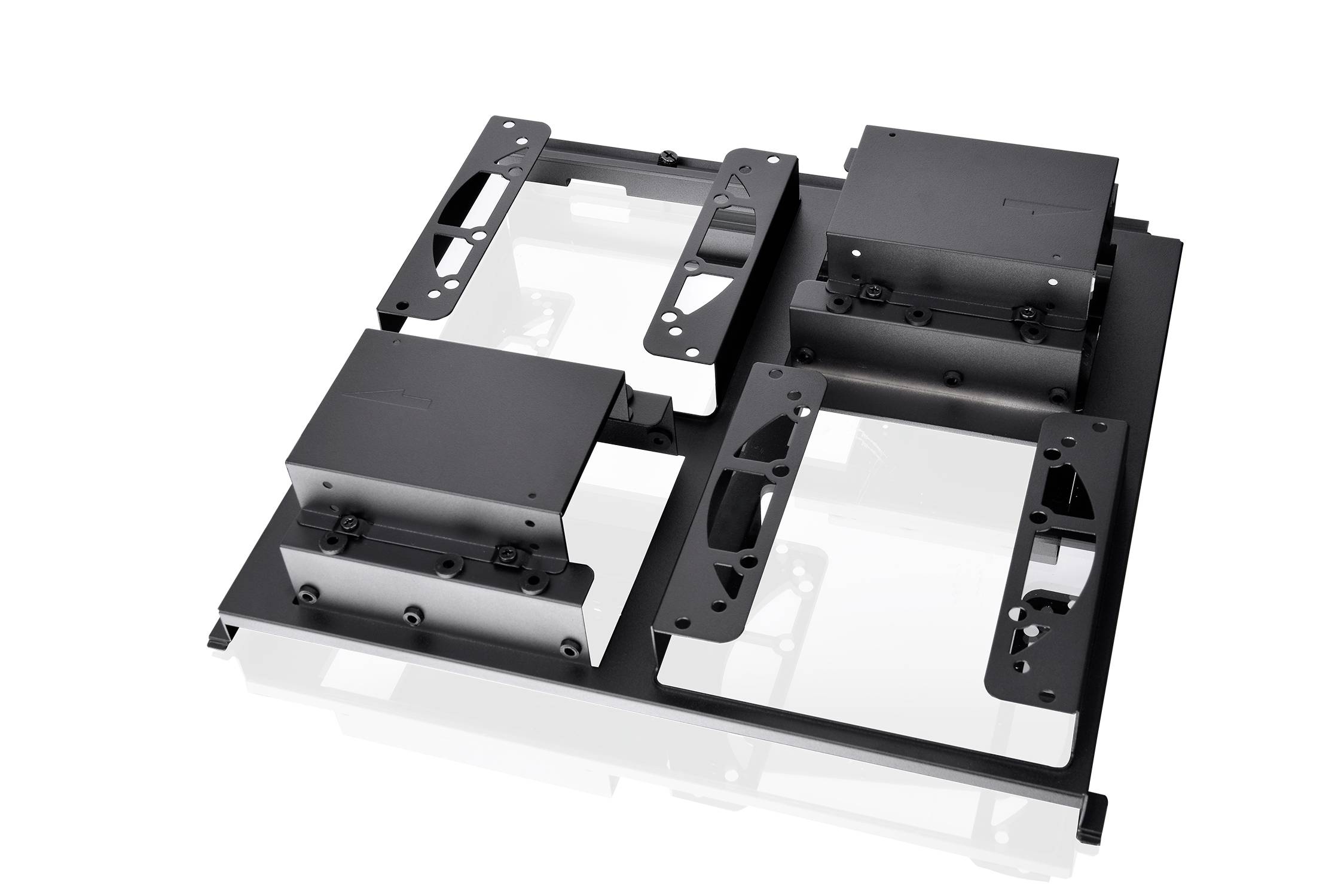 A black metal frame with rectangular cut-outs and brackets on a white surface, possibly for electronic devices.