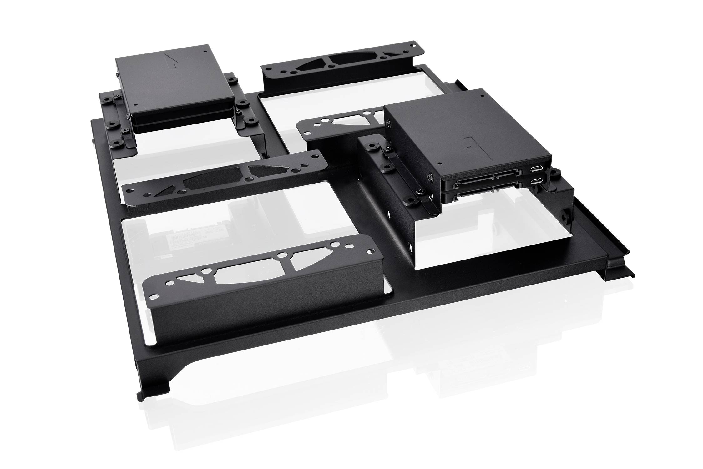 A black metal framework with multiple rectangular mounting brackets and fixing elements, potentially designed for housing electronic components.