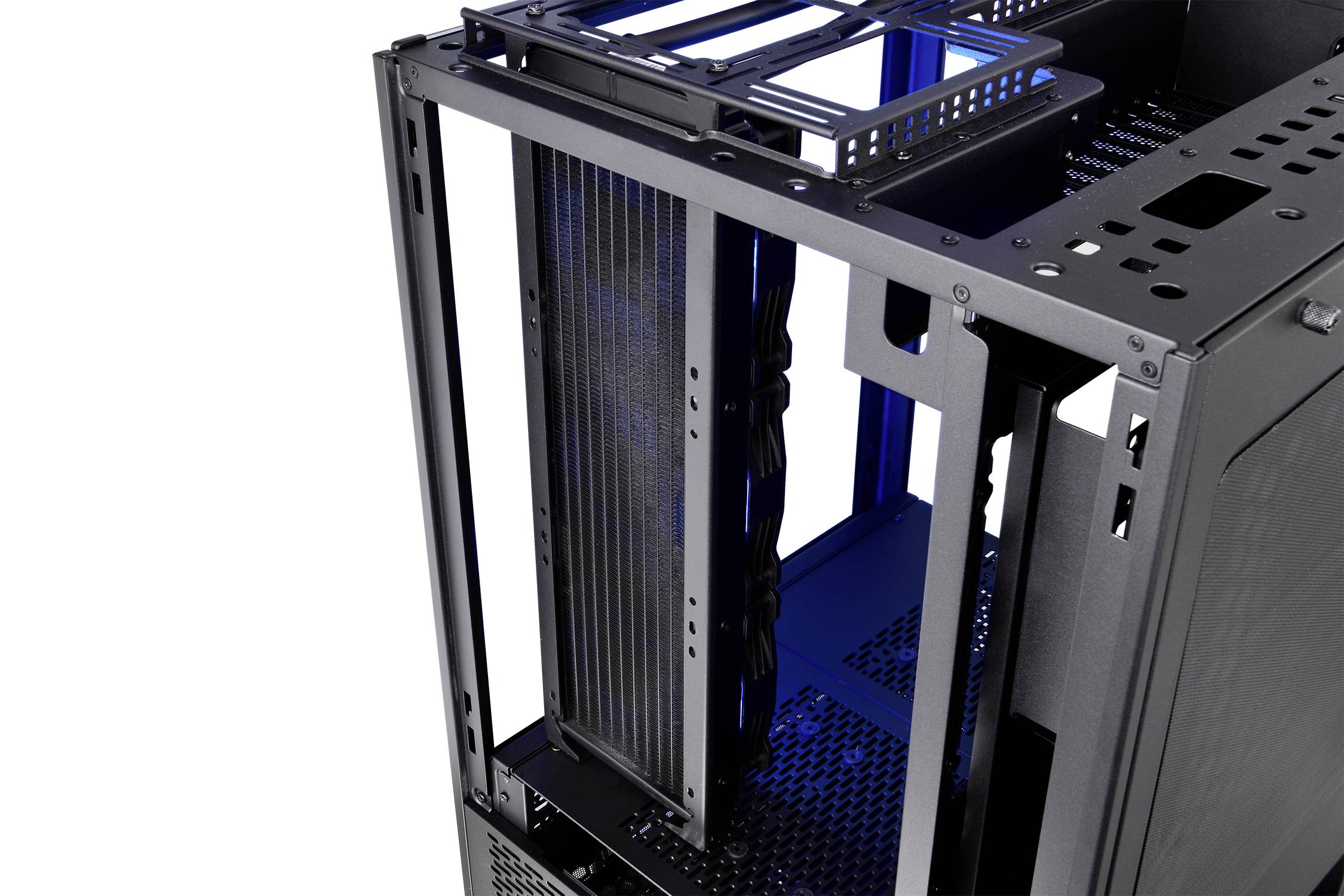 Open computer case with visible radiator for water cooling and blue lighting effect.