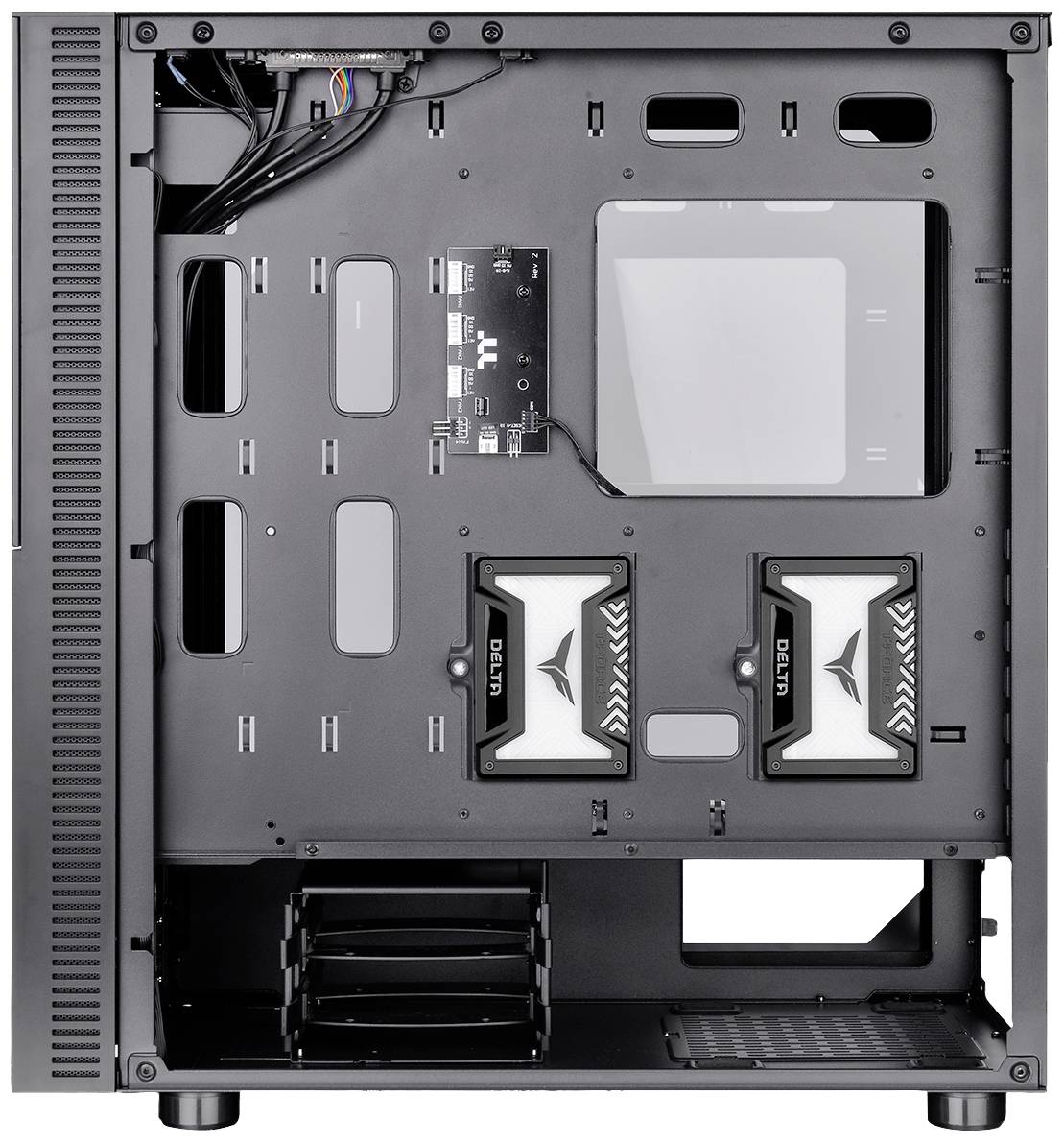 A PC case without a side panel reveals the empty interior with space for a motherboard, fans, and other hardware components.