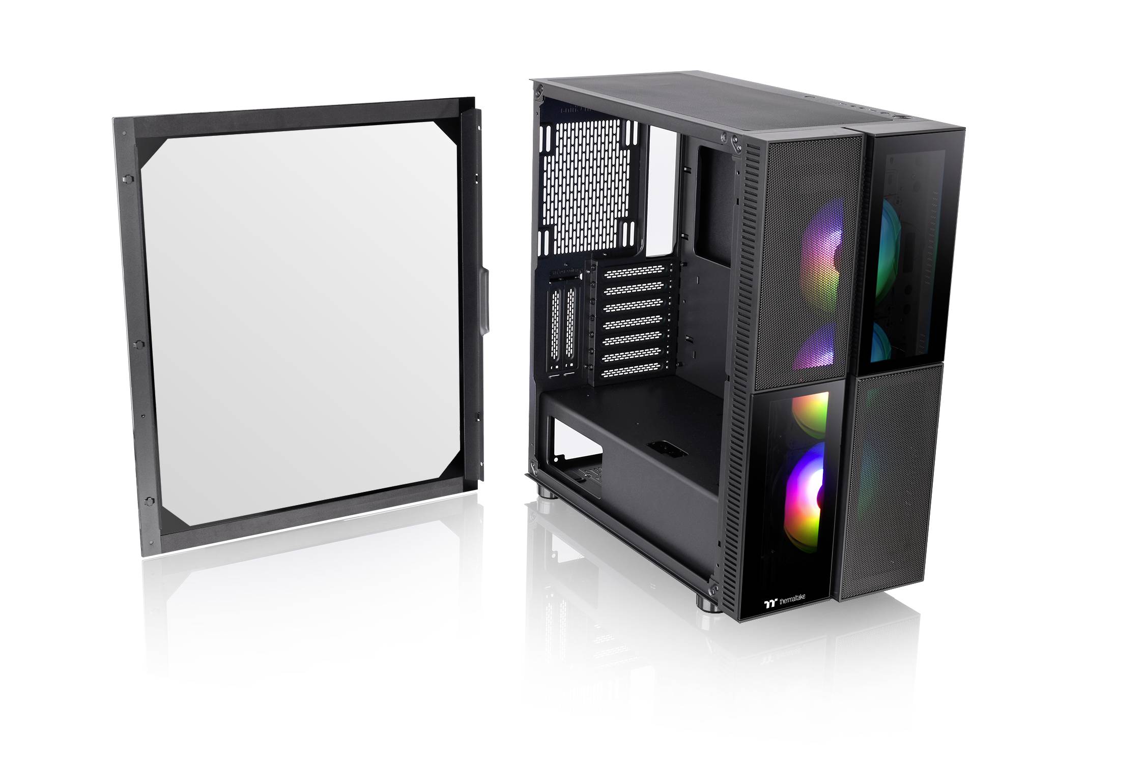 Black PC case with an open side panel, revealing the interior and illuminated fans with RGB lighting at the front.