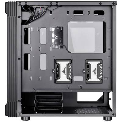 Computer case with open side panels reveals interior. Expansion slots, cable channels, and fan positions are visible. Ideal for PC building.