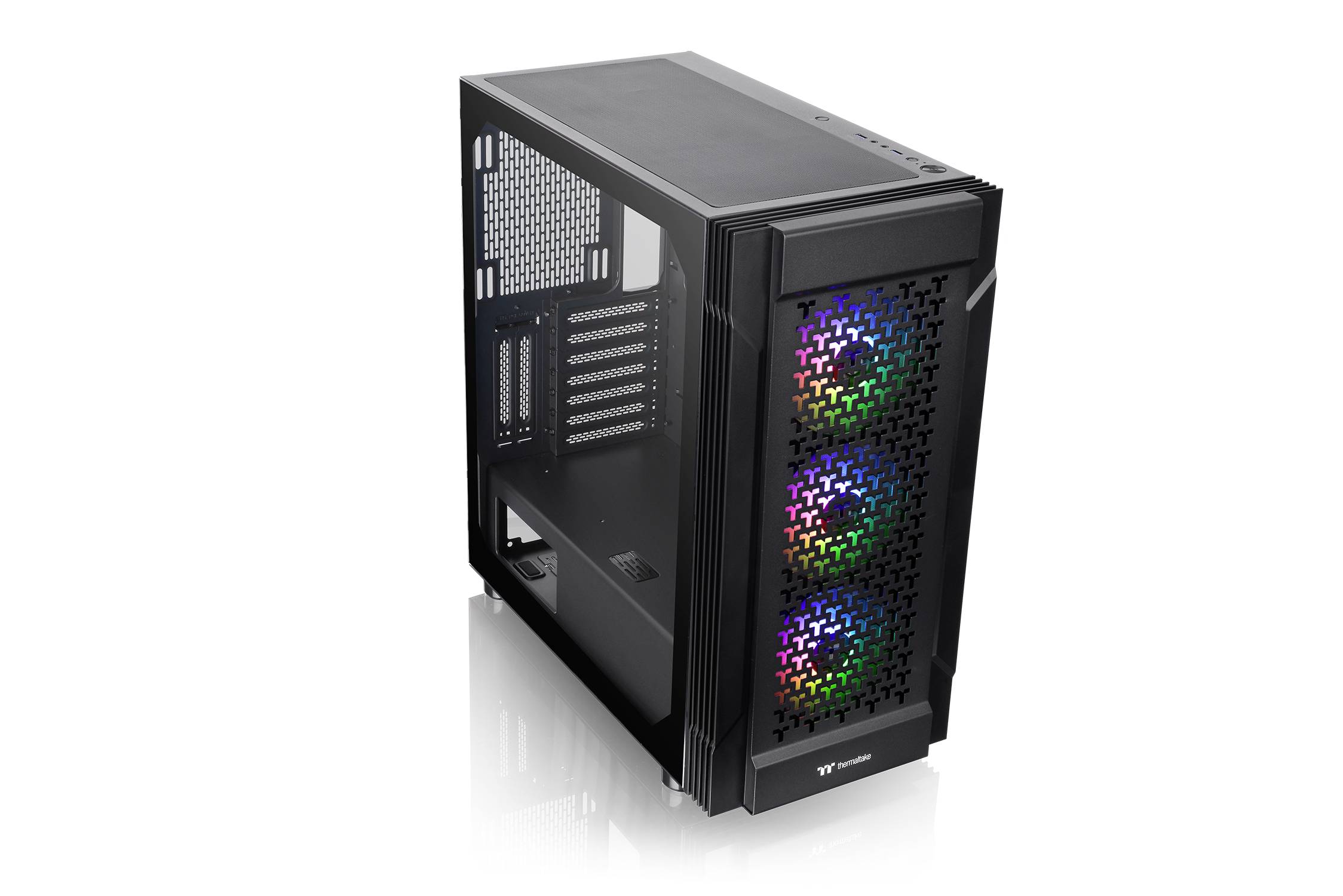 A black computer case with visible fans on the front, which are glowing in different colours. It is sitting on a white surface.