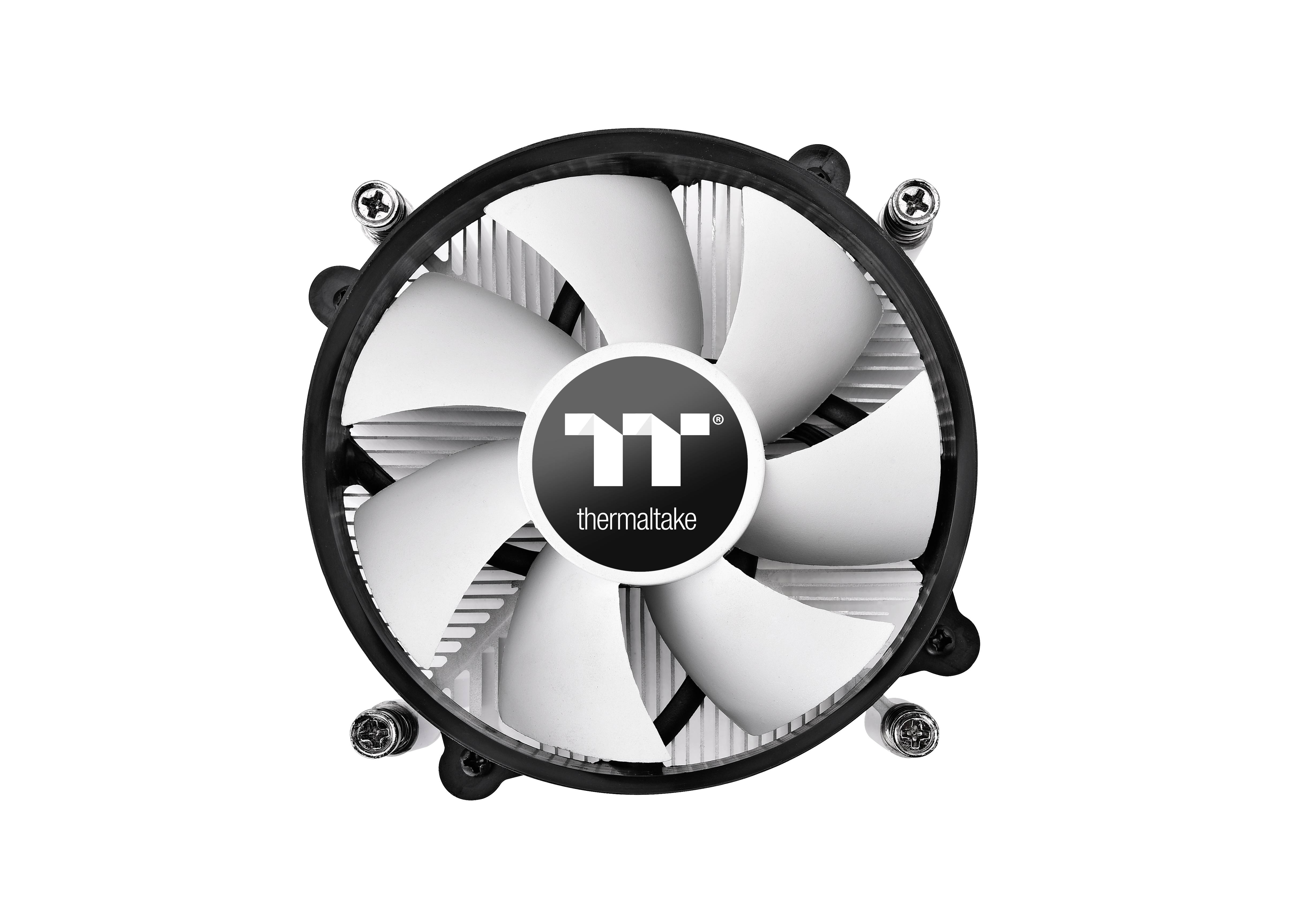A round computer fan by Thermaltake with five white blades and a black frame, suitable for cooling purposes in PCs.