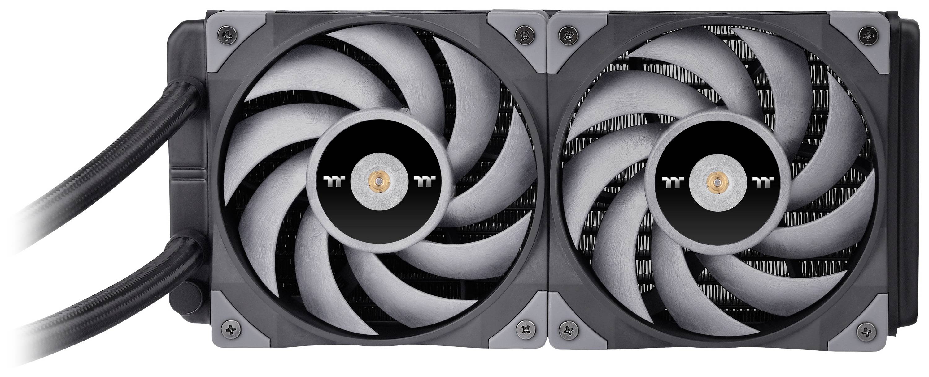 Two silver computer fans side by side, mounted in a black frame, with spiral-patterned rotor blades.