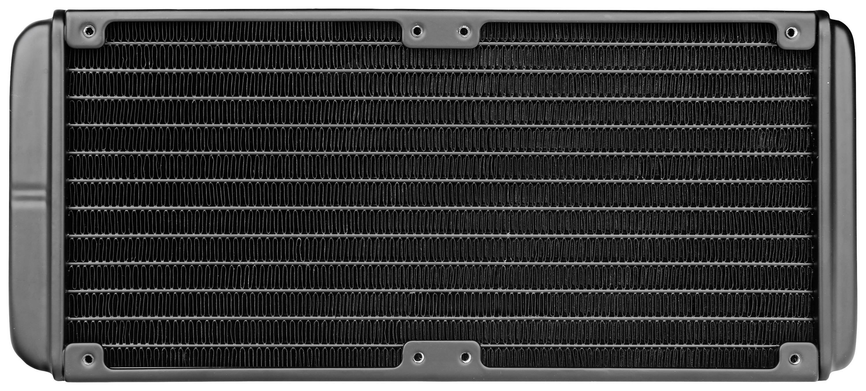 A rectangular radiator with black, parallel fins in a grey frame is shown from the front.