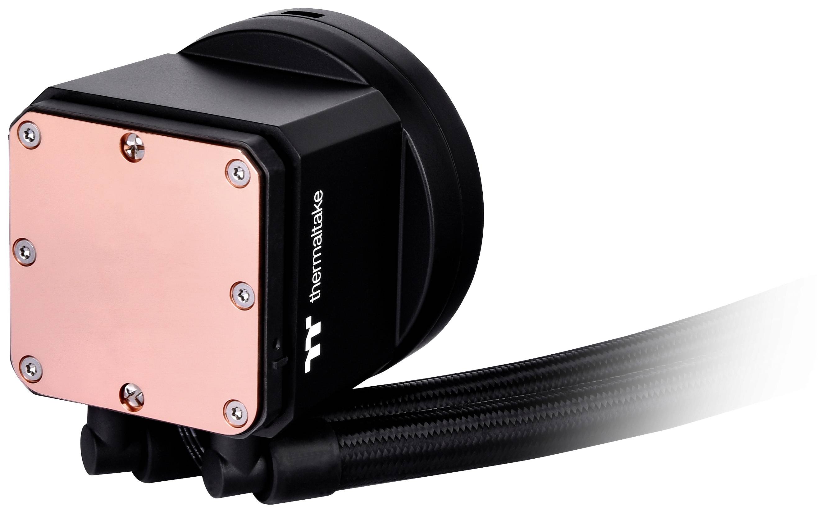 Water cooling pump with copper block and hoses, Thermaltake brand, for computer processors, black, compact design.