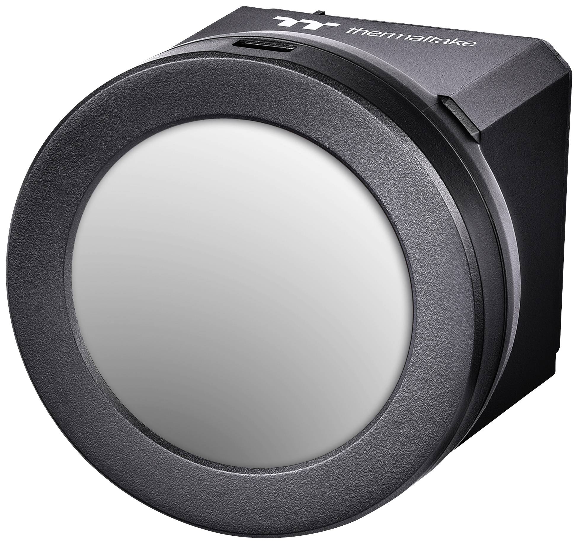 A black, round CPU cooler by Thermaltake with a smooth, metallic surface, shown from an angled perspective.