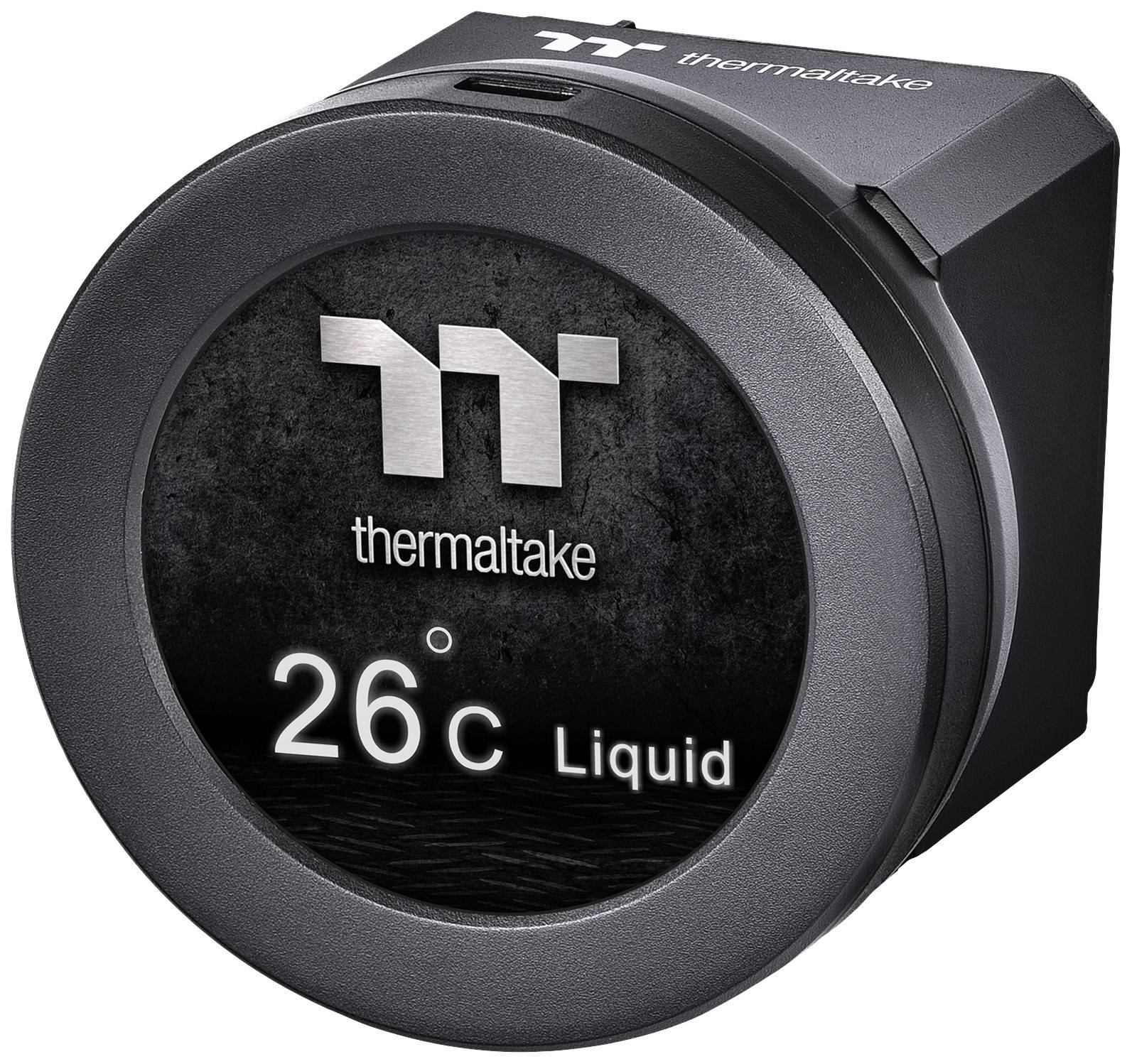 A circular Thermaltake device displays '26°C Liquid', indicating the temperature of a liquid. The logo is visible at the top.