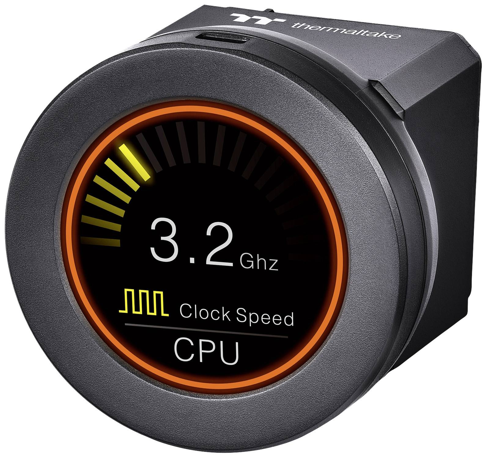 CPU Monitor Display shows '3.2 GHz Clock Speed'. Technical representation of a processor's clock frequency in a digital format.