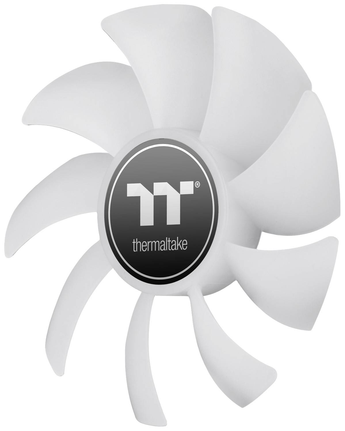 White fan blades of a PC fan, with the logo and 'Thermaltake' lettering centrally positioned.